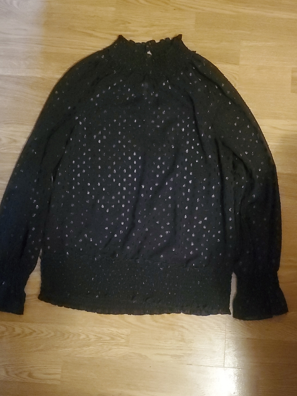 Adiva Black Sheer Swiss Dot Blouse with Smocked Neck